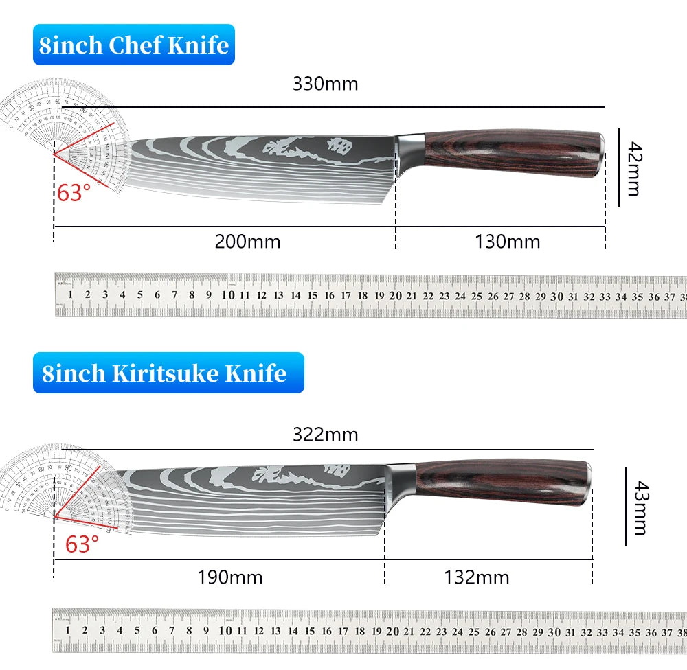 Chef knife 1-10Pcs Set Laser Damascus Pattern Kitchen Knives Sharp Japanese Santoku Slicing Utility Knife Cleaver Boning Knives - You Offer