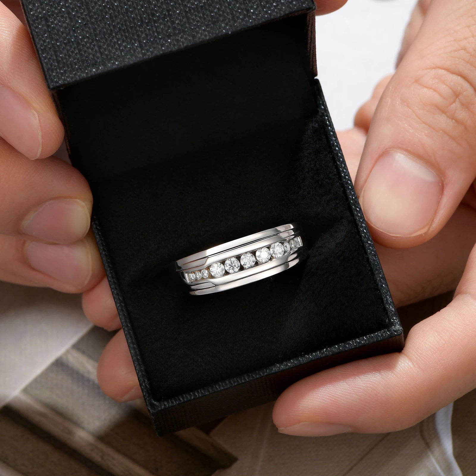 Newshe Full Moissanite Wedding Band for Men 925 Sterling Silver Engagement Rings Pave Round Eternity Promise Ring Size 7-13 - You Offer