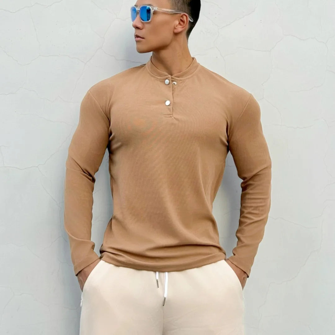 Men's New-style Henry Collar Large Polo Sports And Fitness Breathable Casual Training High-elastic Long-sleeved T-shirt