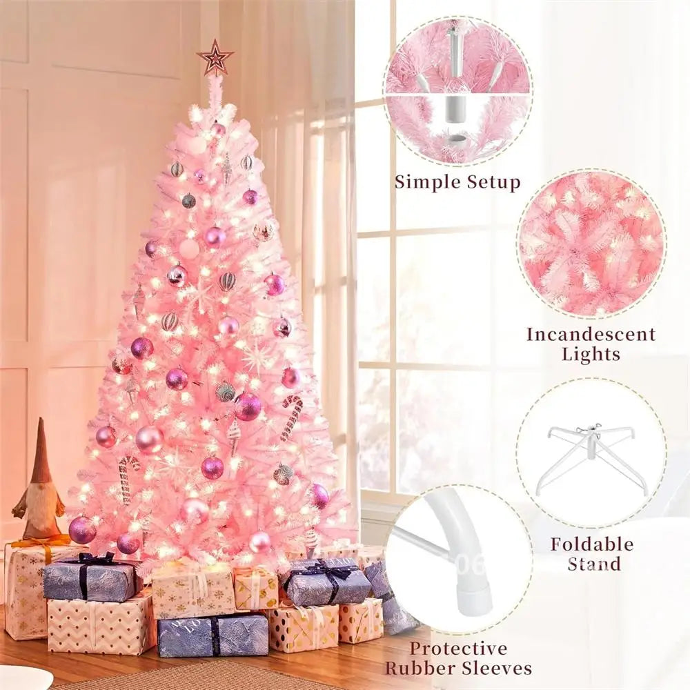 6/7ft Artificial Pink Christmas Pine Tree Holiday New Year Xmas Tree Party Decoration with Metal Tripod 818 Branch Tips Reusable