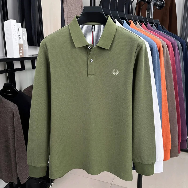 100% pure cotton autumn and winter highend men POLO shirt fashion brand embroidered wheat business casual lapel long sleeved top