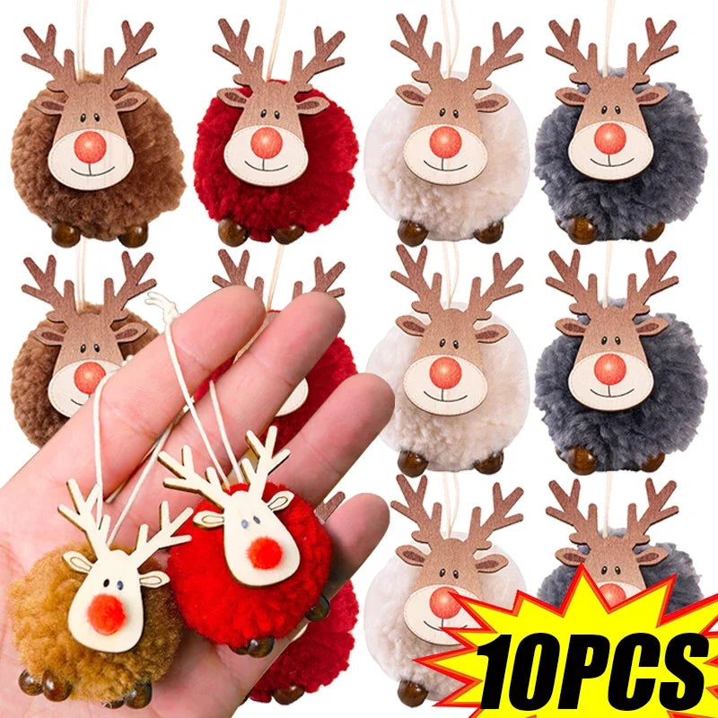 1-10pcs Christmas Felt Elk Hanging Ornaments Cute Reindeer Craft Decorations Xmas Tree Wooden Pendants New Year Party Kids Gifts
