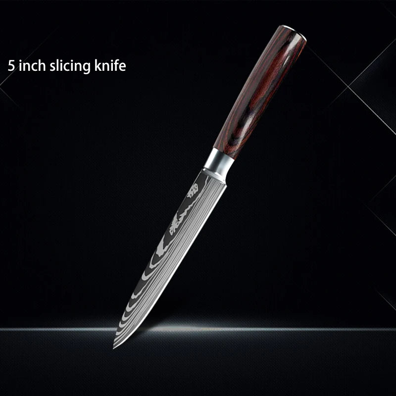 Chef knife 1-10Pcs Set Laser Damascus Pattern Kitchen Knives Sharp Japanese Santoku Slicing Utility Knife Cleaver Boning Knives - You Offer