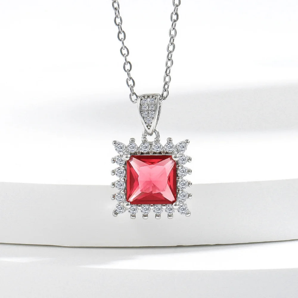 925 Sterling Silver Jewelry Set, Women's Shining Jewelry Cubic Zirconia Red Crystal Necklace Earrings Ring Birthday Gift Jewelry - You Offer