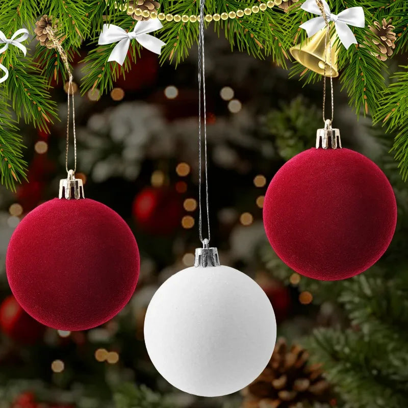 White Flocked Christmas Balls Xmas Tree Hanging Pendents Velvet Ball Ornaments Wedding Anniversary Party Home Decoration