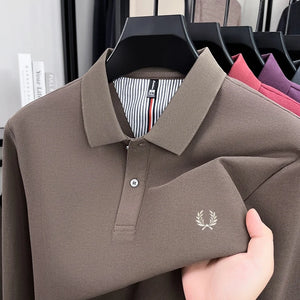 100% pure cotton autumn and winter highend men POLO shirt fashion brand embroidered wheat business casual lapel long sleeved top