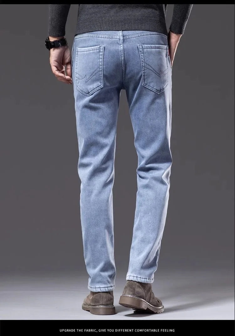 New Autumn and Winter Fashion Trend With Thick Fleece and Warm Straight Leg Blue Jeans For Men's Casual Sports High-end Jeans - You Offer