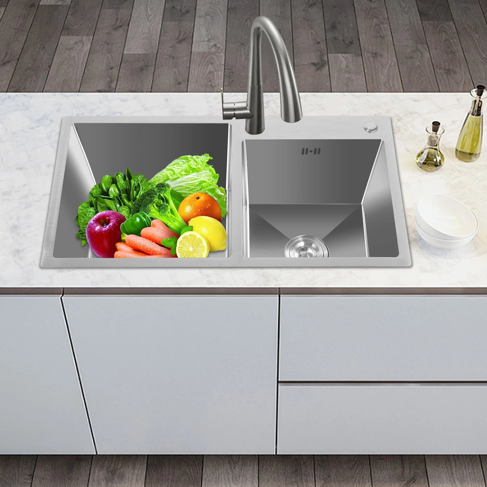 Double Basin Stainless Steel Sink w/ Drainer 30L+23L Capacity 201 Grade, Bathroom Kitchen Accessories Household Items - You Offer