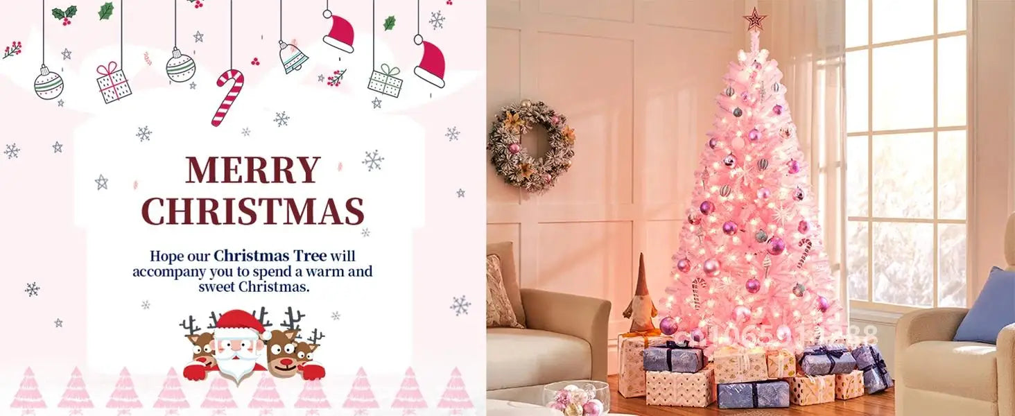 6/7ft Artificial Pink Christmas Pine Tree Holiday New Year Xmas Tree Party Decoration with Metal Tripod 818 Branch Tips Reusable