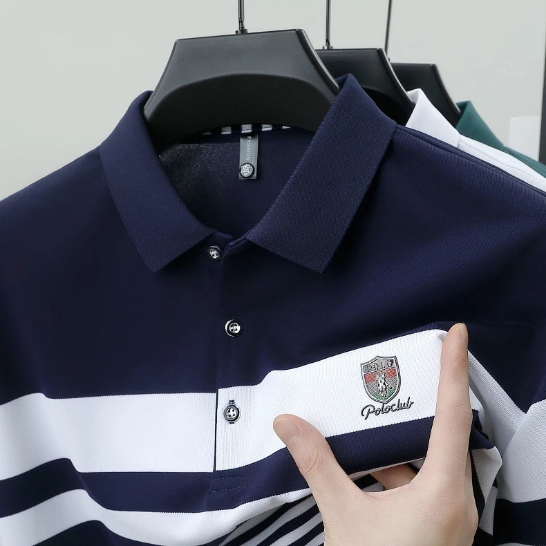 High quality fashion striped short sleeve polo shirt men's luxury brand embossed design summer new breathable T-shirt golf top