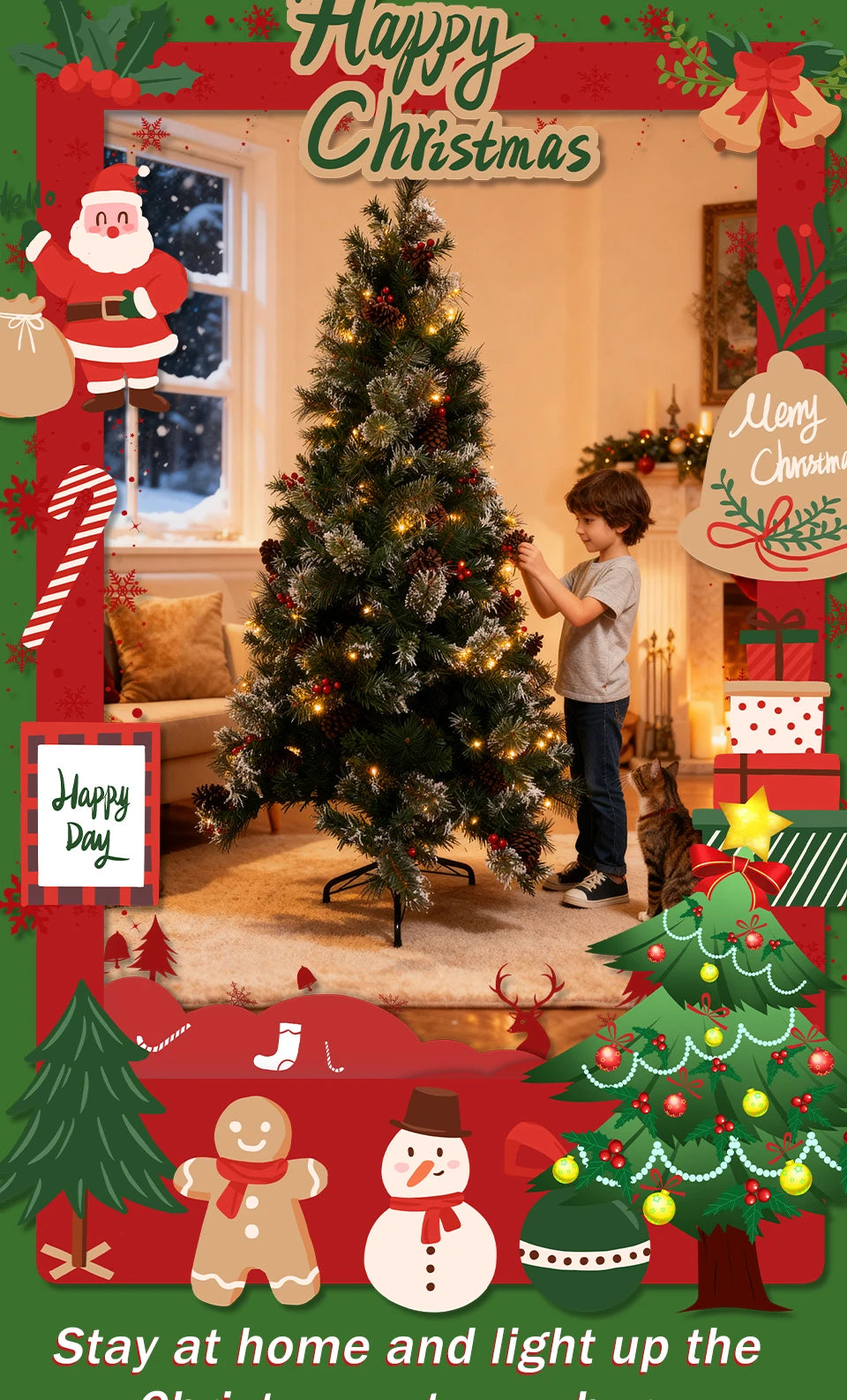 180cm Best artificial christmas trees 6ft Pre-Lit Artificial Spruce Christmas Tree with Large Pinecones, Red Berries