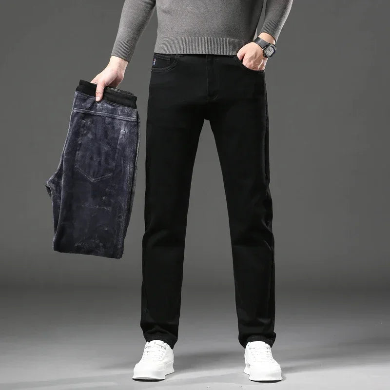 Winter Thickened Warm Male Plush Trousers Brand Clothes Men's Fleece Jeans Straight Slim Stretch Fashion Business Denim Pants - You Offer