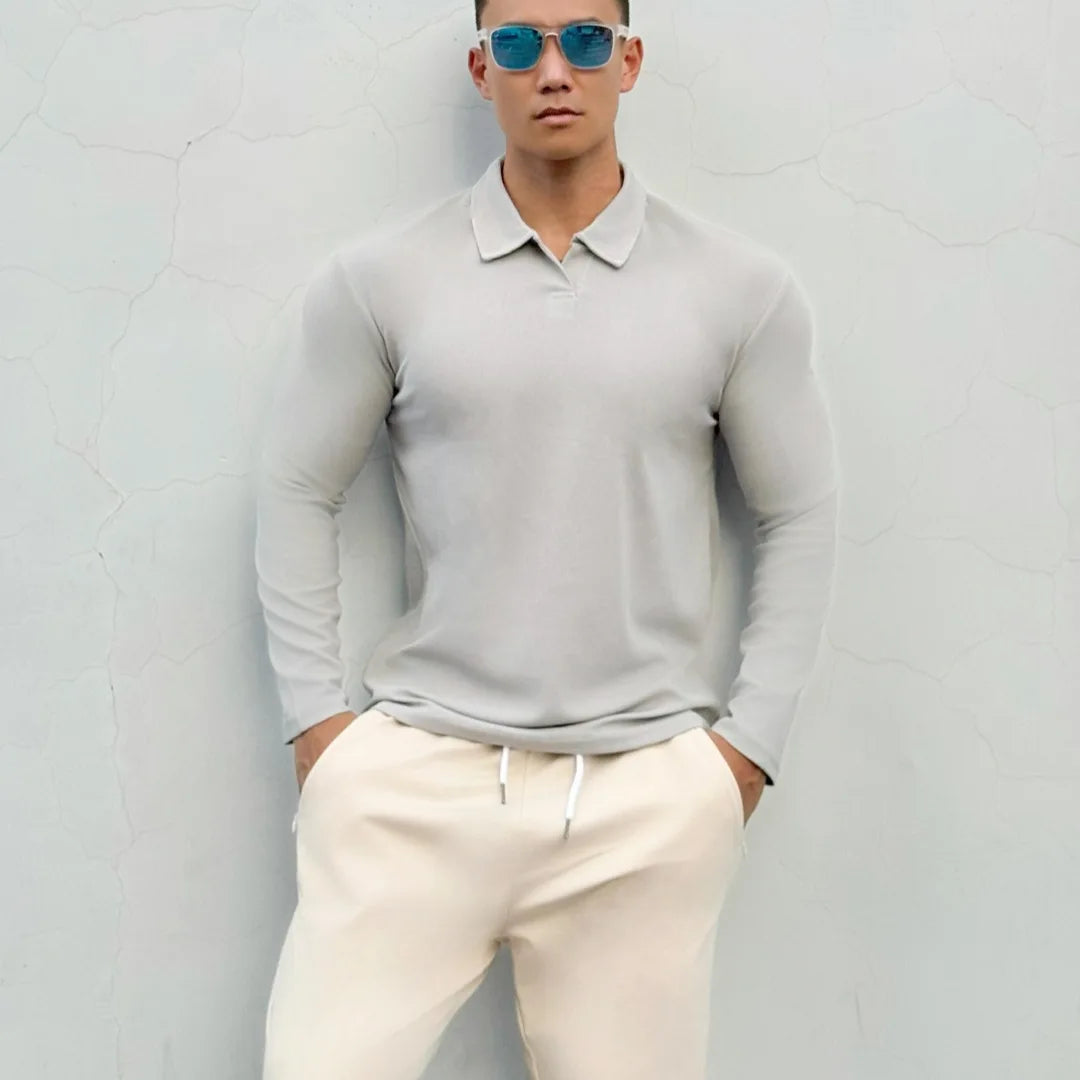 Men's New-style Henry Collar Large Polo Sports And Fitness Breathable Casual Training High-elastic Long-sleeved T-shirt