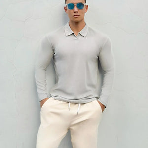 Men's New-style Henry Collar Large Polo Sports And Fitness Breathable Casual Training High-elastic Long-sleeved T-shirt