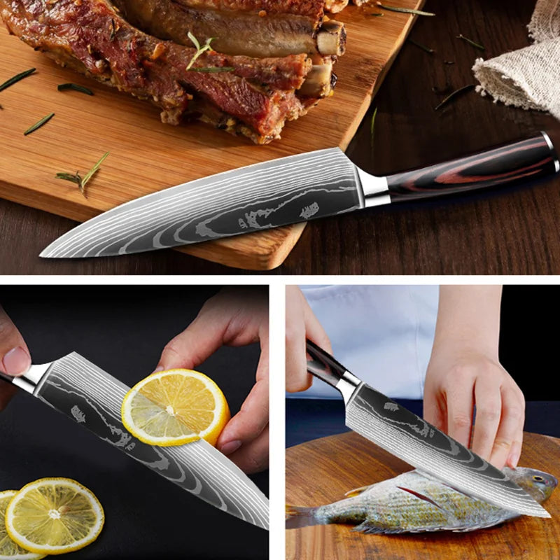 Chef knife 1-10Pcs Set Laser Damascus Pattern Kitchen Knives Sharp Japanese Santoku Slicing Utility Knife Cleaver Boning Knives - You Offer