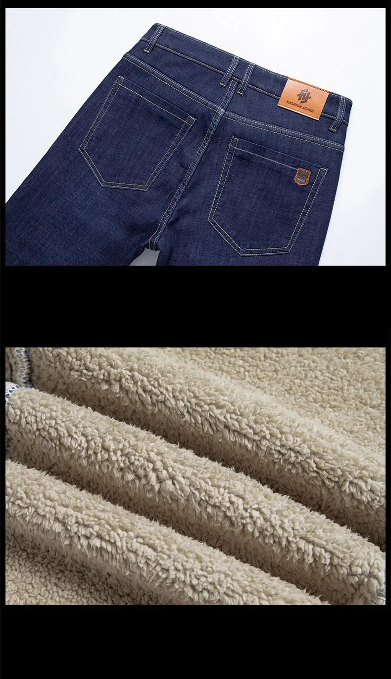 Winter Lamb Fluff Denim Straight Pants Men Thicken Big Size 40 Jeans High Waist Stretch Jeansy Fleece Lined Warm Slim Vaqueros - You Offer
