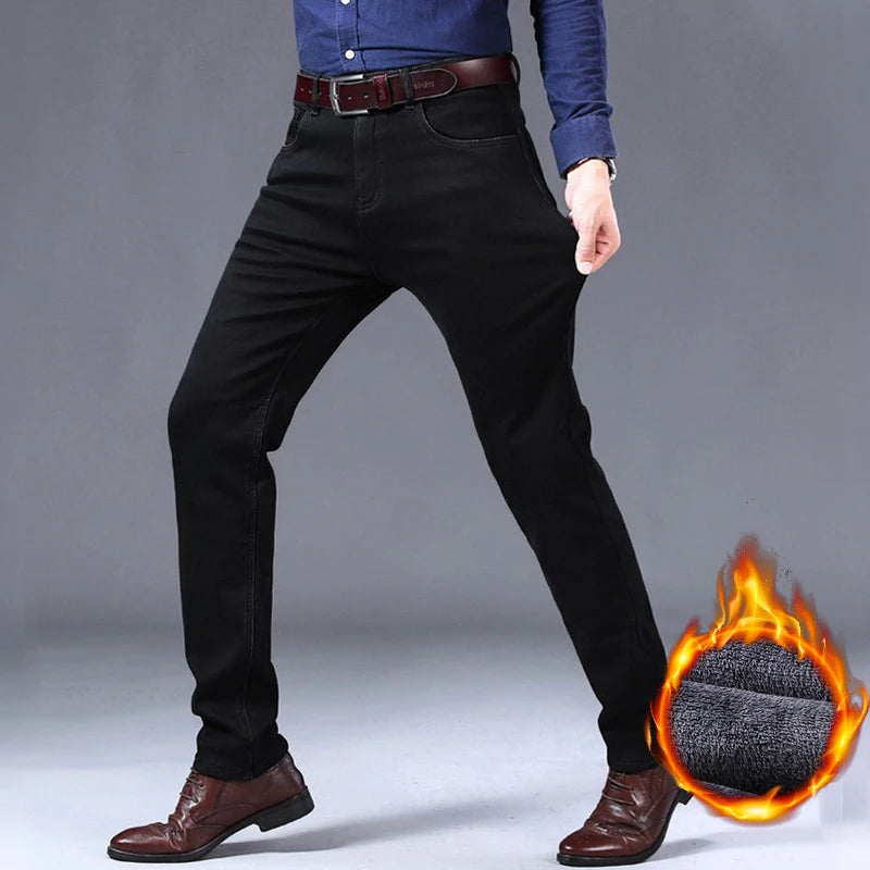 Winter Warm Jeans Men's Thickened Velvet Black Fashion Korean Trousers Plush Velvet Business Casual Straight Denim Pants - You Offer