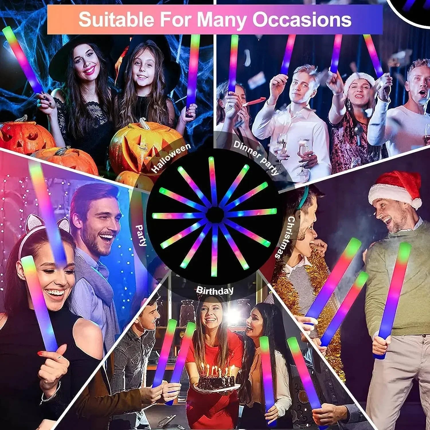 1-50PCS LED Glow Sticks Bulk Colorful RGB Glow Foam Stick light Stick Cheer Tube Dark Light for Concerts Birthday Wedding Party
