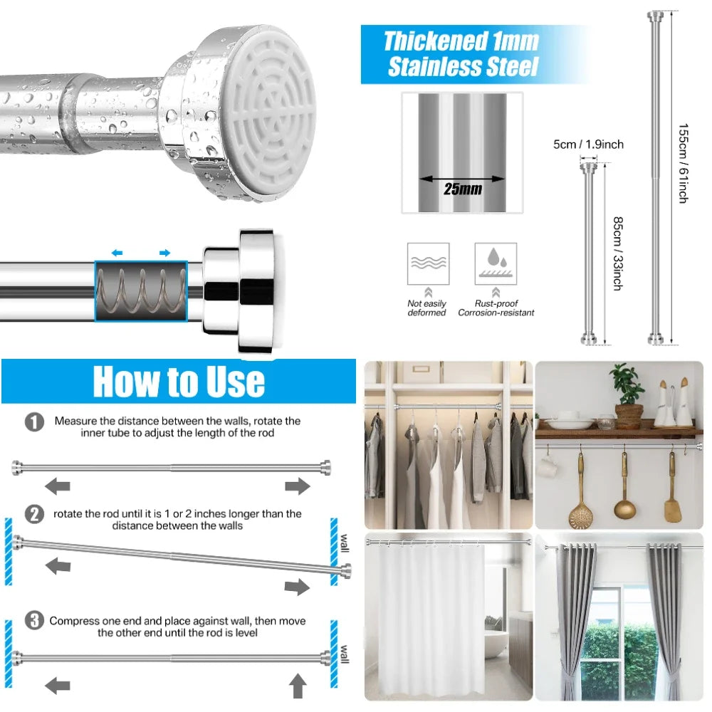 50-260CM Adjustable Curtain Rod No Drilling Telescopic Shower Curtain Pole for Balcony Bathroom Wardrobe Rod Clothes Drying Rack