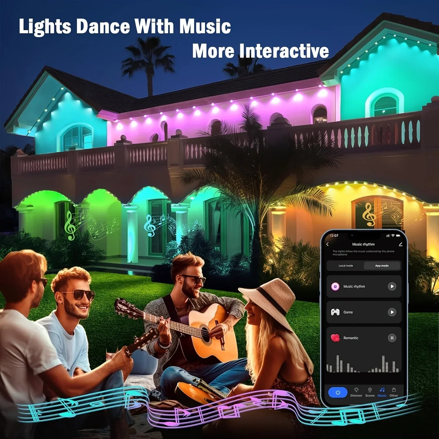 100FT 60 LEDs Permanent Outdoor Lights Smart RGBIC Eaves LED Lights Festival Flashing Lighting Fairy String  Holiday Lighting