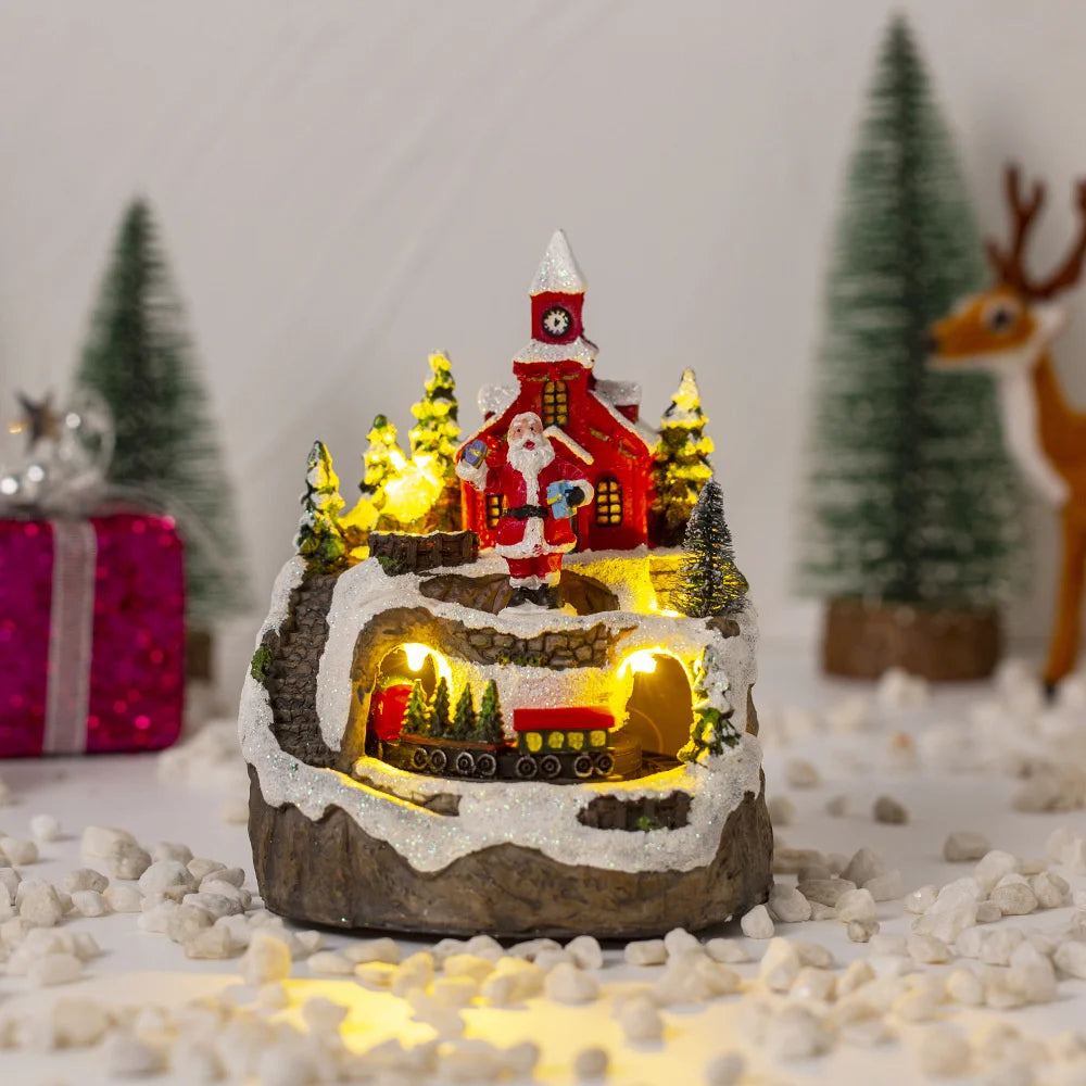 Christmas House Village Electric Music Box Glowing Christmas Snow Village Santa Claus House Miniature Ornaments Xmas Decor