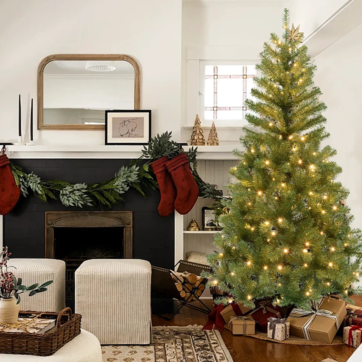 6FT/6.23FT Pre-lit Falling Snow Artificial Christmas Tree, Indoor, Holiday, DIY, Home, Room, Kitchen, Party, Christmas Decor