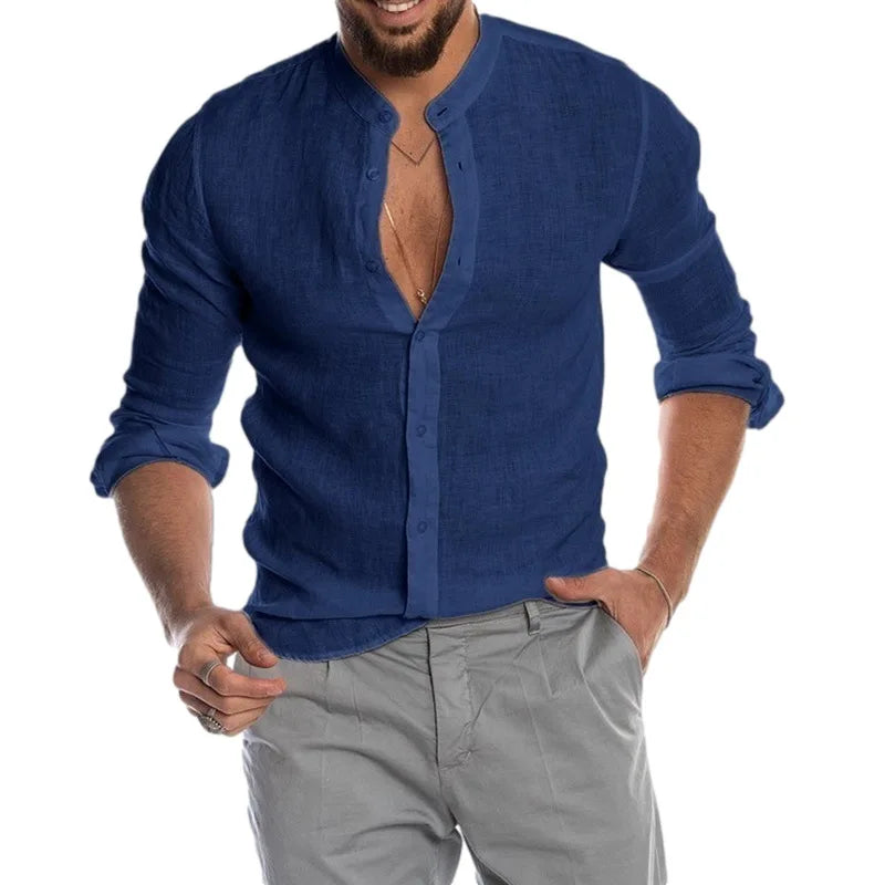 Male Casual Cotton Linen Shirts Long Sleeve Stand Collar Shirts Man Solid Social Shirt Blouses Formal Soccer Top Men Clothing