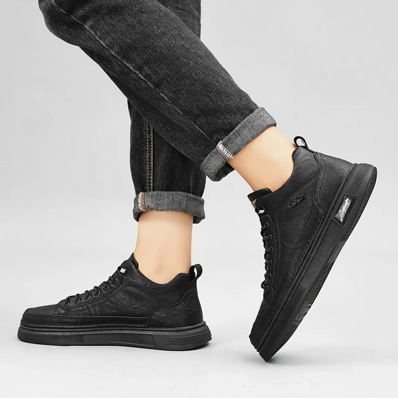 British Leather Men's Casual Shoes Breathable Trendy Handmade Shoes Platform Breathable Shoes Male Walking Shoes Men Black Shoes