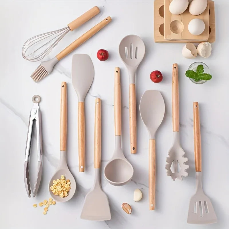 2-Piece Silicone Kitchen Utensil Set with Wooden Handles - You Offer