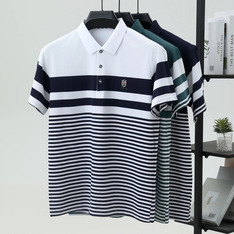 High quality fashion striped short sleeve polo shirt men's luxury brand embossed design summer new breathable T-shirt golf top
