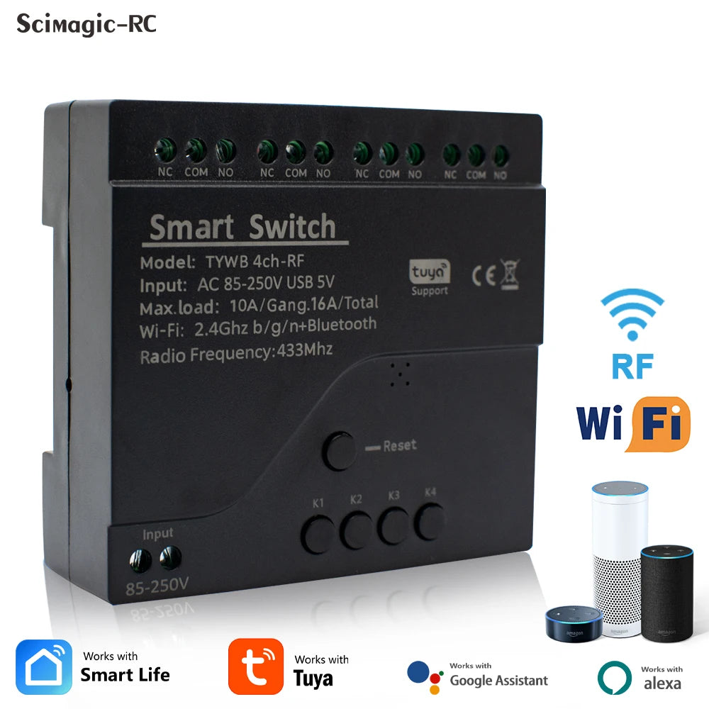 4CH Tuya Smart Life Wireless Wifi Switch Module WI FI APP Remote Control DC 12V 24V AC 220V RF Receiver 10A Smart Relay Alexa