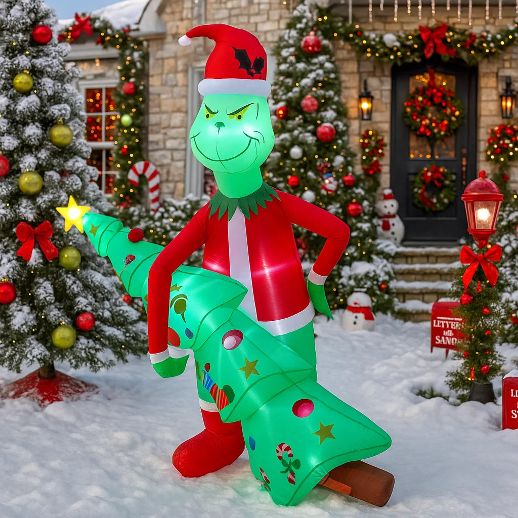 2.1M/6.8FT Inflatable Grinch Holding Christmas Trees Light LED Home Holiday Lighting Decor Yard Xmas Supplies Outdoor Ornament