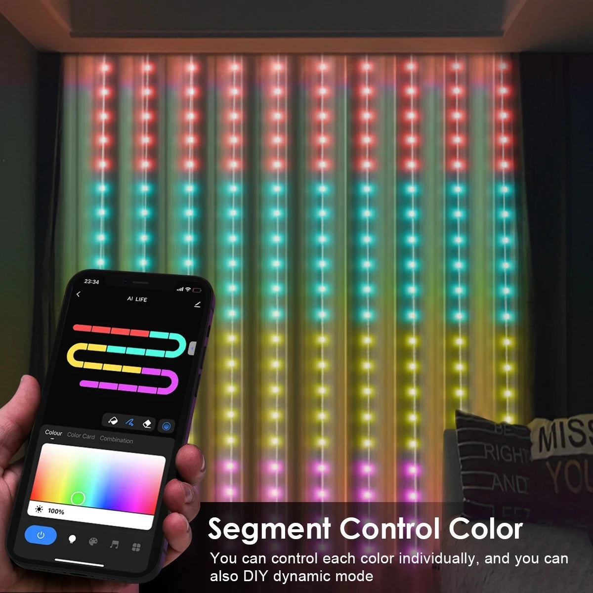 RGBIC Curtain Light String USB Plug Remote Control LED Curtain Light APP Bluetooth Control String Lights for Room Decorations