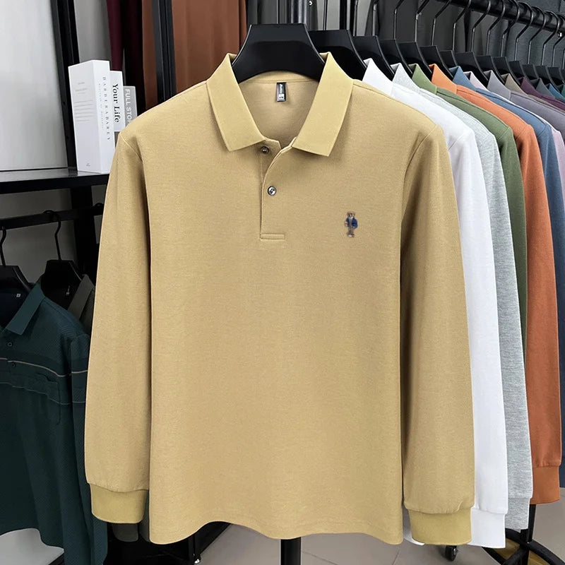 100% pure cotton men's trendy luxury brand autumn long sleeved polo shirt designer teddy bear embroidery business casual T-shirt