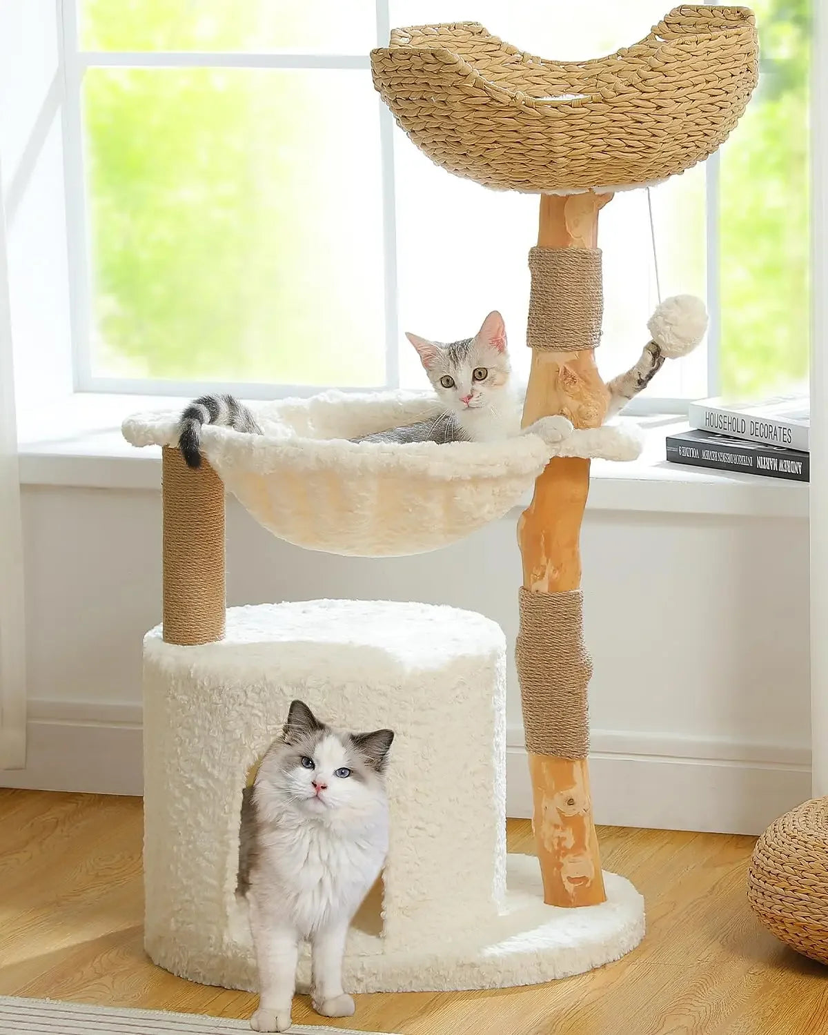 Modern Cat Tree for Large Cats, Wood Cat Tower for Indoor Cats, Real Branch Luxury Cat Furniture with Super Large Cozy Condo