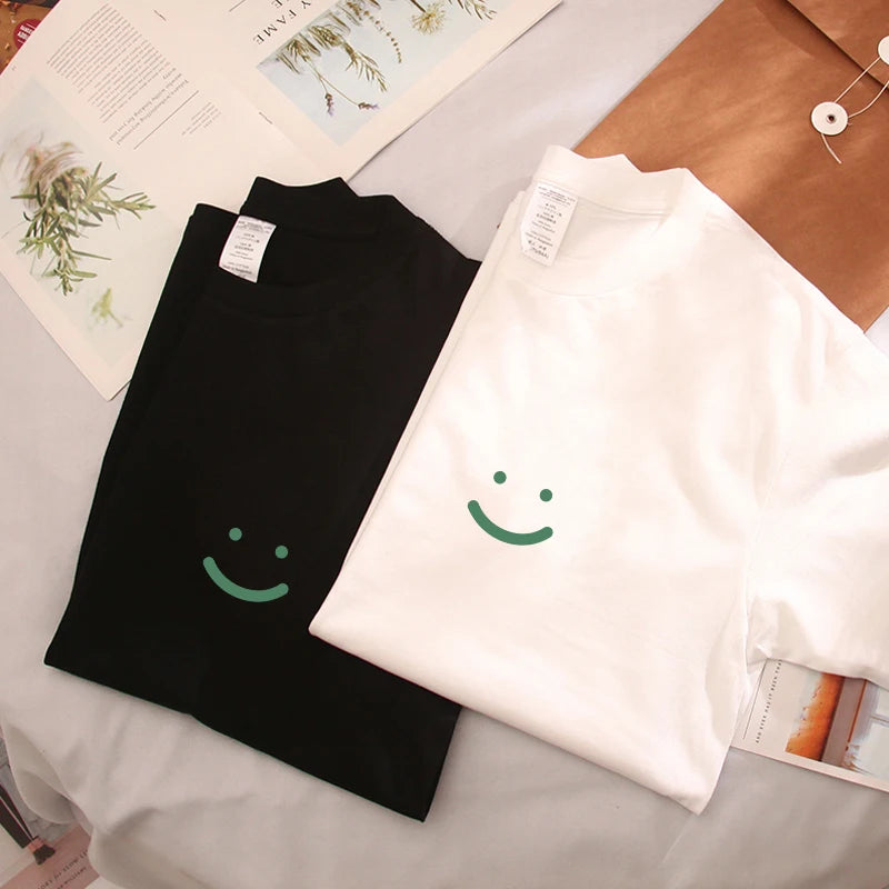 Smiling Face t-shirt For Men Summer White Trendy Brand Loose Printed Pure Cotton Short Sleeved Couple Outfit With Half Sleeves