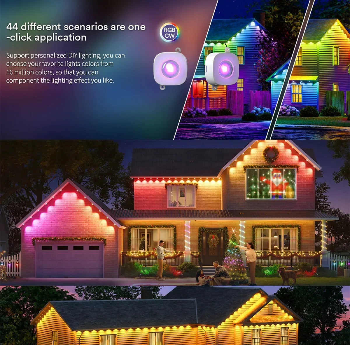 100FT 60 LEDs Permanent Outdoor Lights Smart RGBIC Eaves LED Lights Festival Flashing Lighting Fairy String  Holiday Lighting