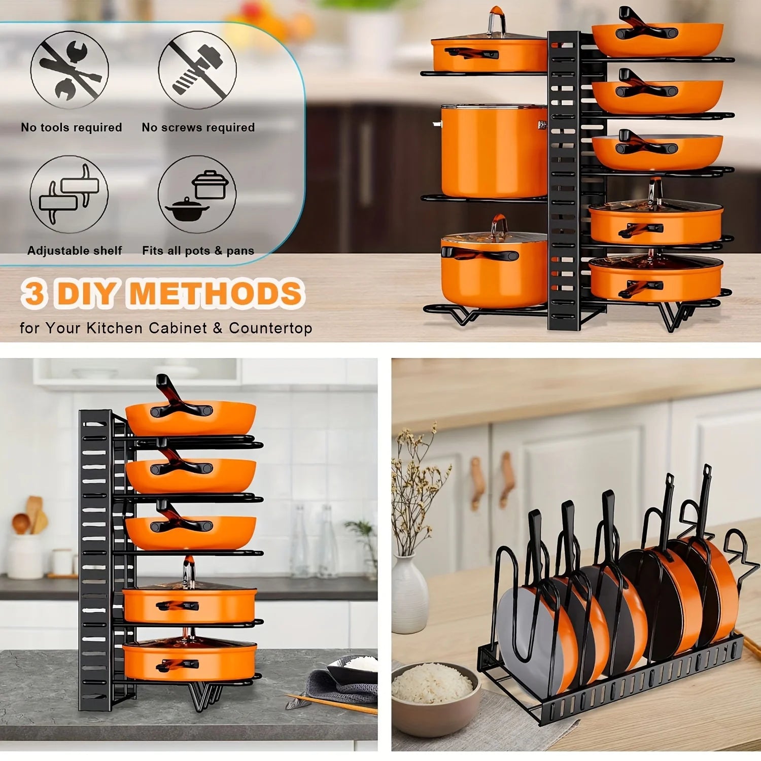 2 Pack Pot Rack, Pot Rack Organizers, Kitchen Organization & Storage Rack, Adjustable Pot Lid Holders & Pan Rack - You Offer