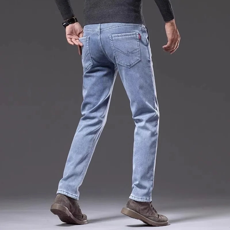 New Autumn and Winter Fashion Trend With Thick Fleece and Warm Straight Leg Blue Jeans For Men's Casual Sports High-end Jeans - You Offer