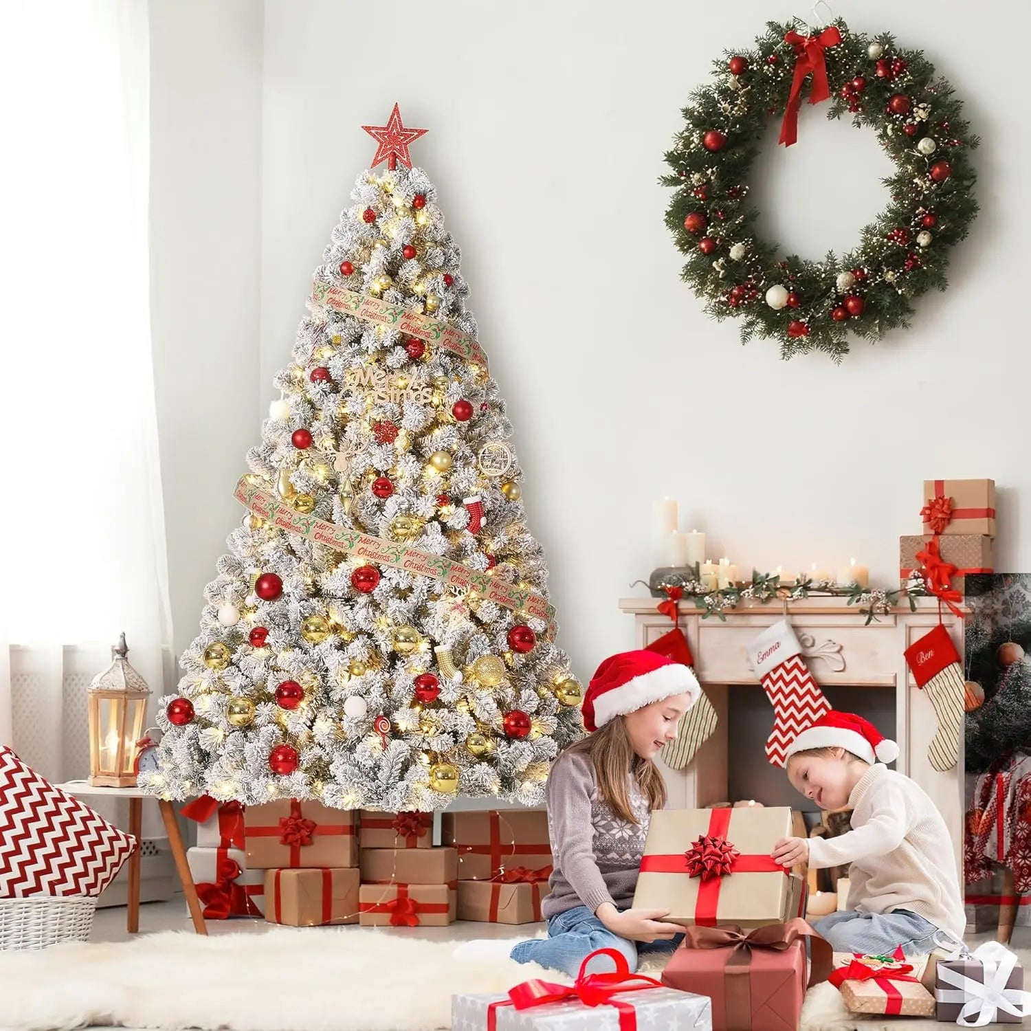 7.5FT Christmas Tree Prelit Artificial Christmas Tree With 450 Warm White Lights Realistic Flocked Material Holiday Decoration