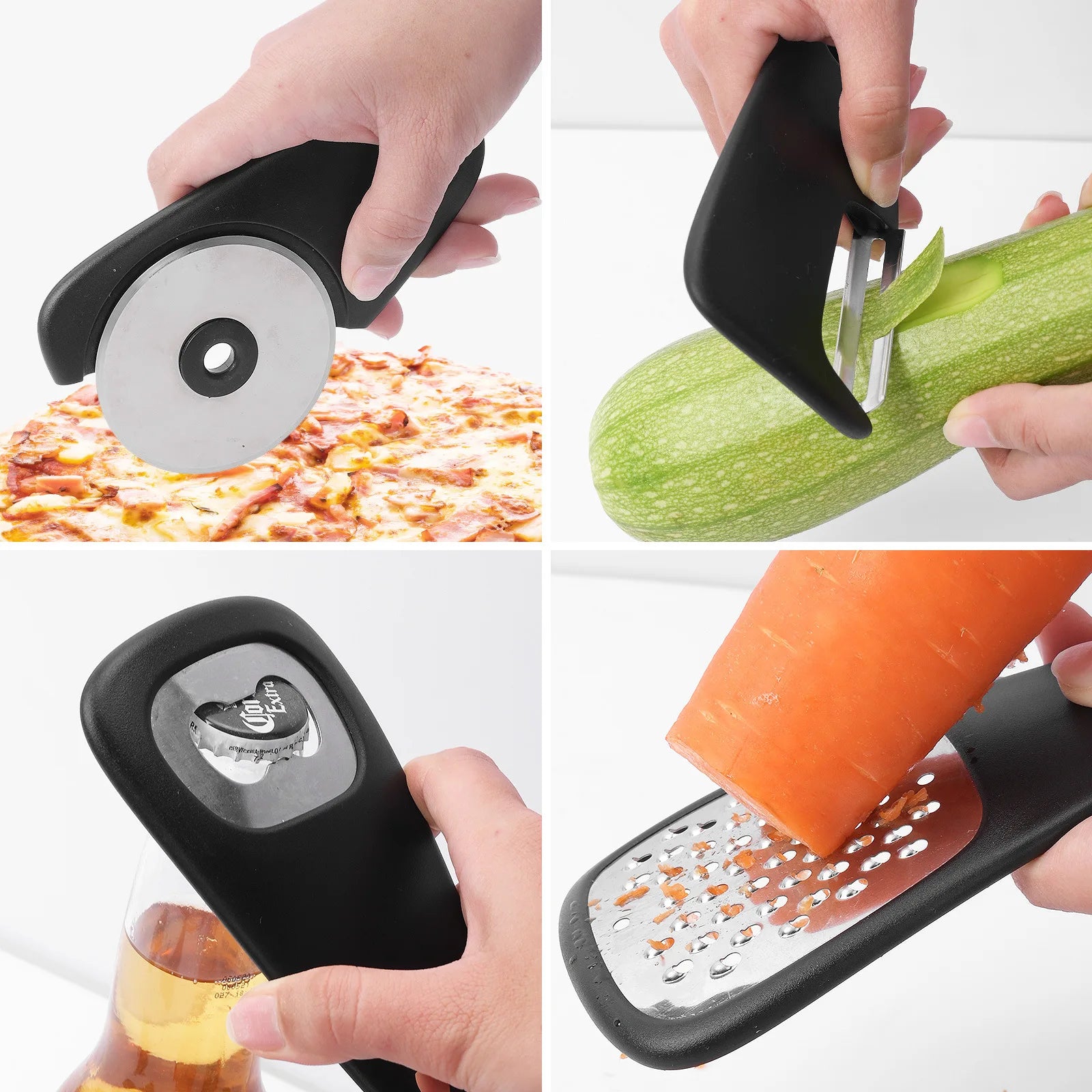 6 - in - 1 Stackable Kitchen Gadget Set | Peeler, Cheese Grater, Garlic Grinder, Bottle Opener, Pizza Cutter, Herb Cutter