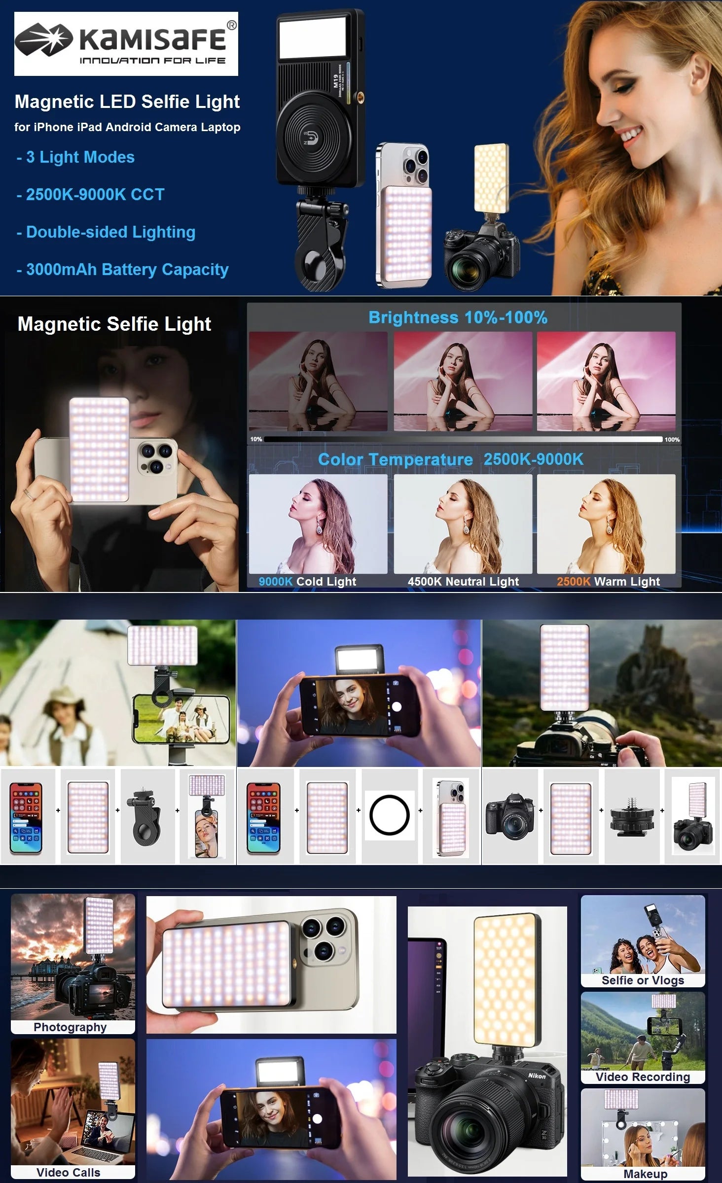 Magnetic Selfie Light for iPhone Rechargeable Phone Light Clip LED Video Light for Phone iPad Camera Laptop Vlog Tiktok Makeup