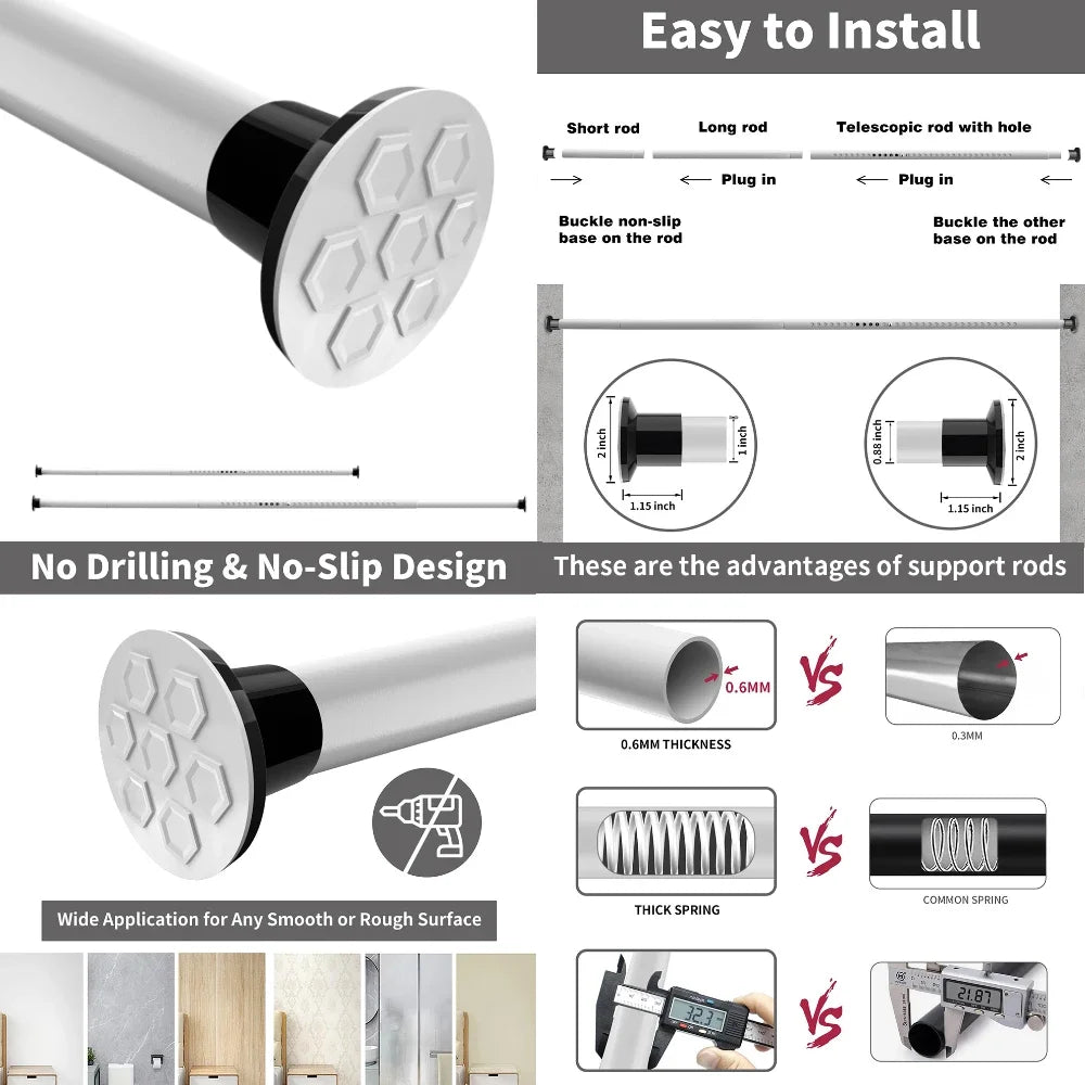50-260CM Adjustable Curtain Rod No Drilling Telescopic Shower Curtain Pole for Balcony Bathroom Wardrobe Rod Clothes Drying Rack