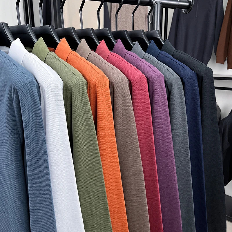 100% pure cotton autumn and winter highend men POLO shirt fashion brand embroidered wheat business casual lapel long sleeved top