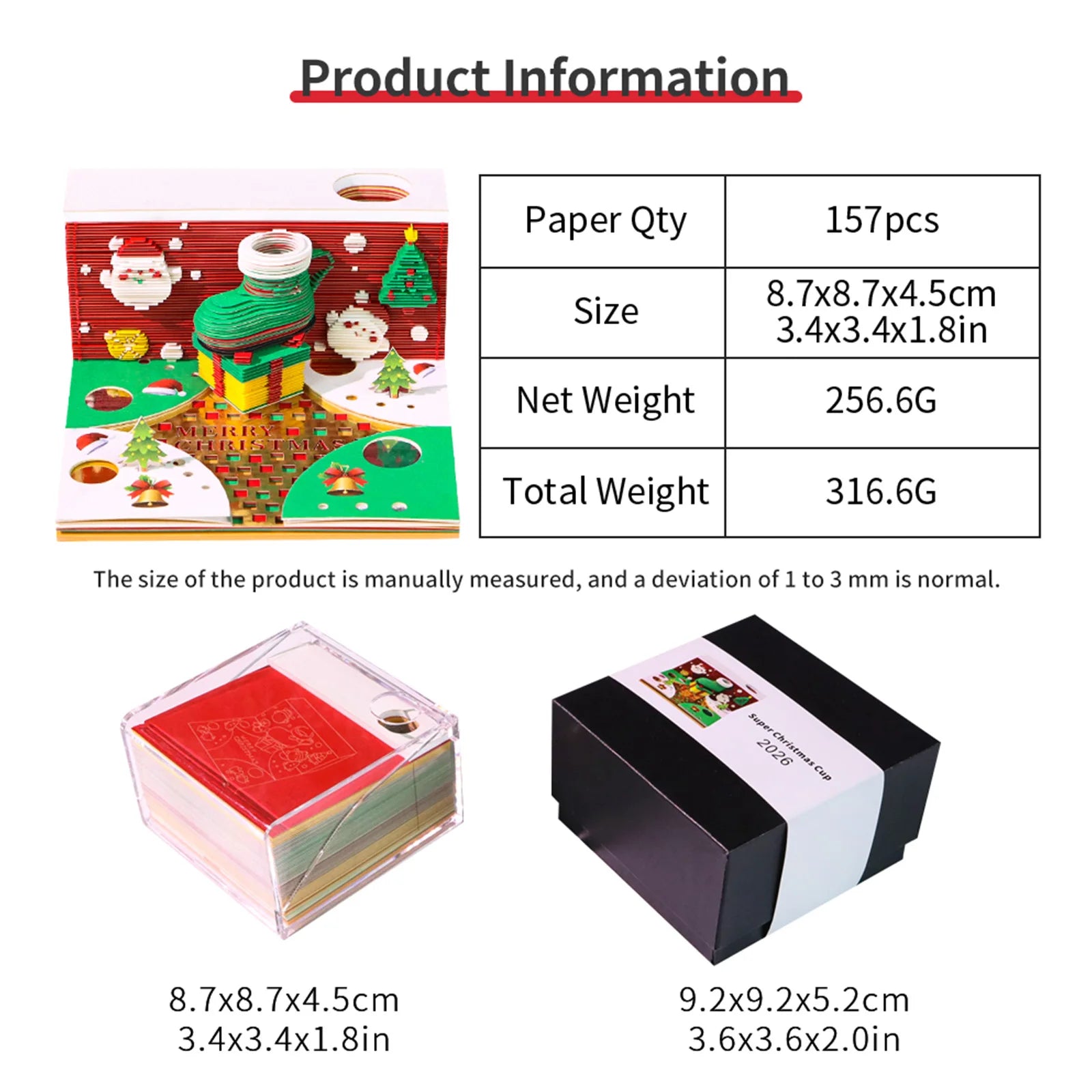 Desk Time Piece Calendar 2026 Desk Calendar With Light 3D Tear-away Calendar Paper Carving Art Memo Pad Notepad Christmas