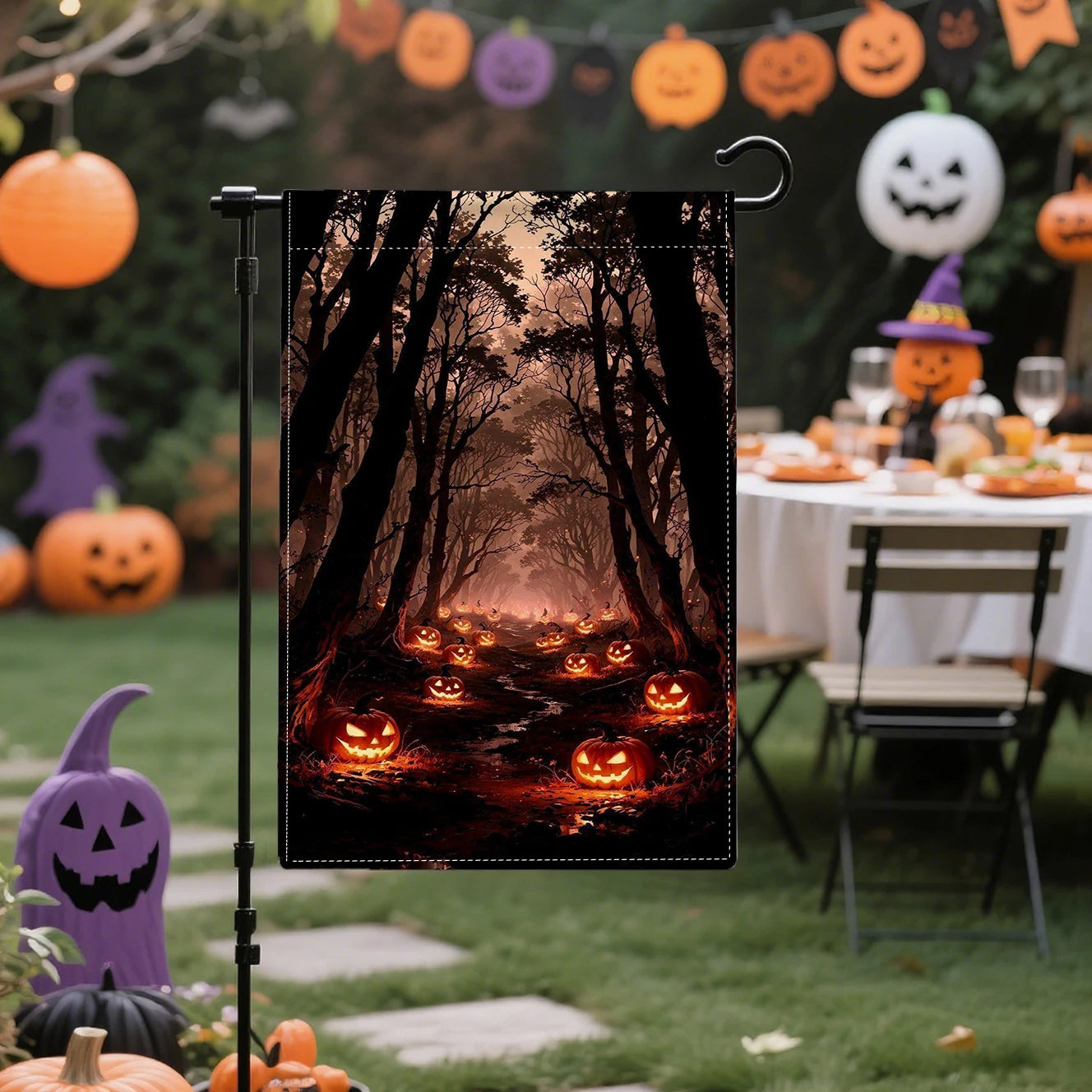Halloween Skull Pumpkins Double-Sided Linen, 12x18 Inches, Home Outdoor Yard Holiday Party Decorations (Flag Pole Not Included)