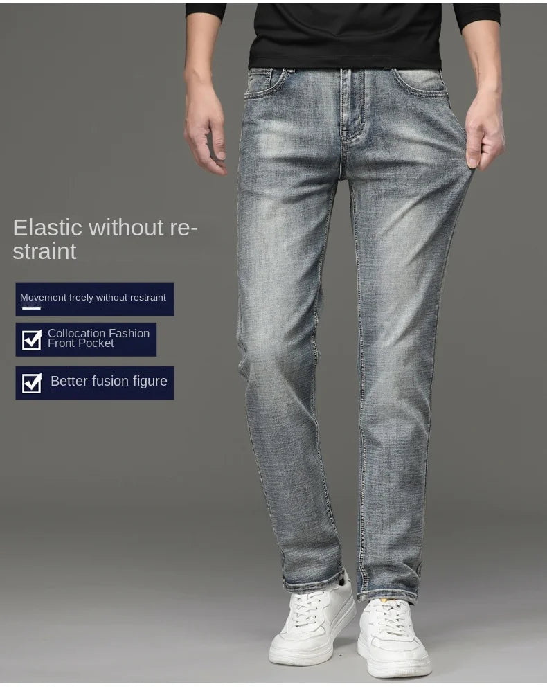 High-end Light Luxury Brand Jeans Men's Retro Slim Fit Straight Versatile Casual Gray Trousers Autumn and Winter Thick Jeans - You Offer