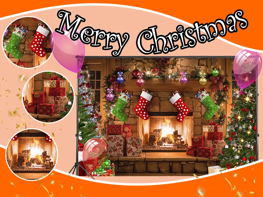 Dewprint Christmas Backdrop Background Banner Fireplace Theme Winter Xmas Tree Indoor Decor Family Holiday Party Portrait Photo