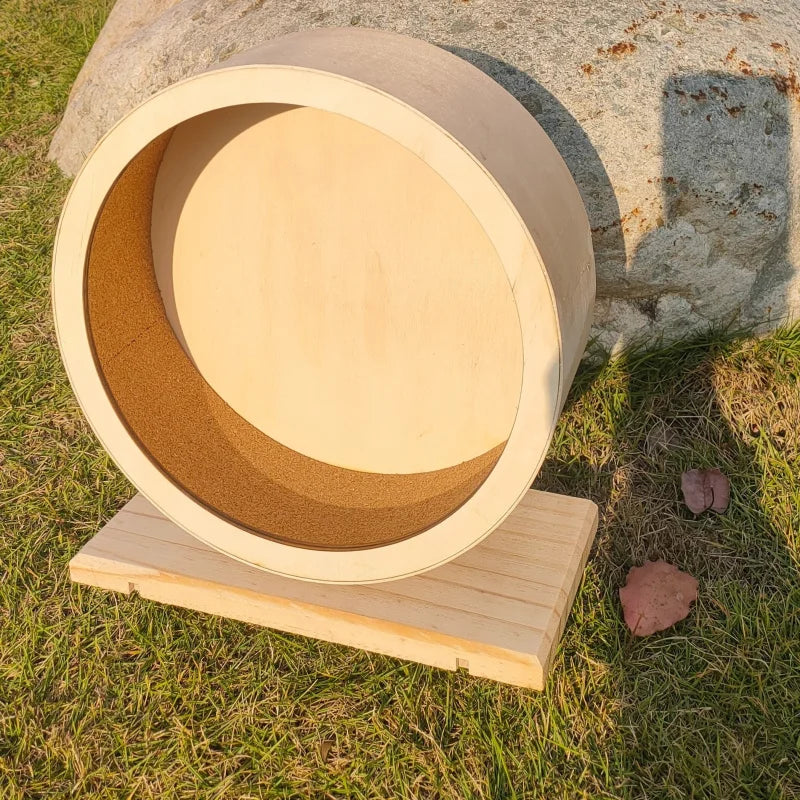 Wooden Silent Hamster Wheel with Stand | Natural Wood Exercise Spinner for Chinchillas/Hedgehogs/Ferrets, Anti-Slip Non-Ejection