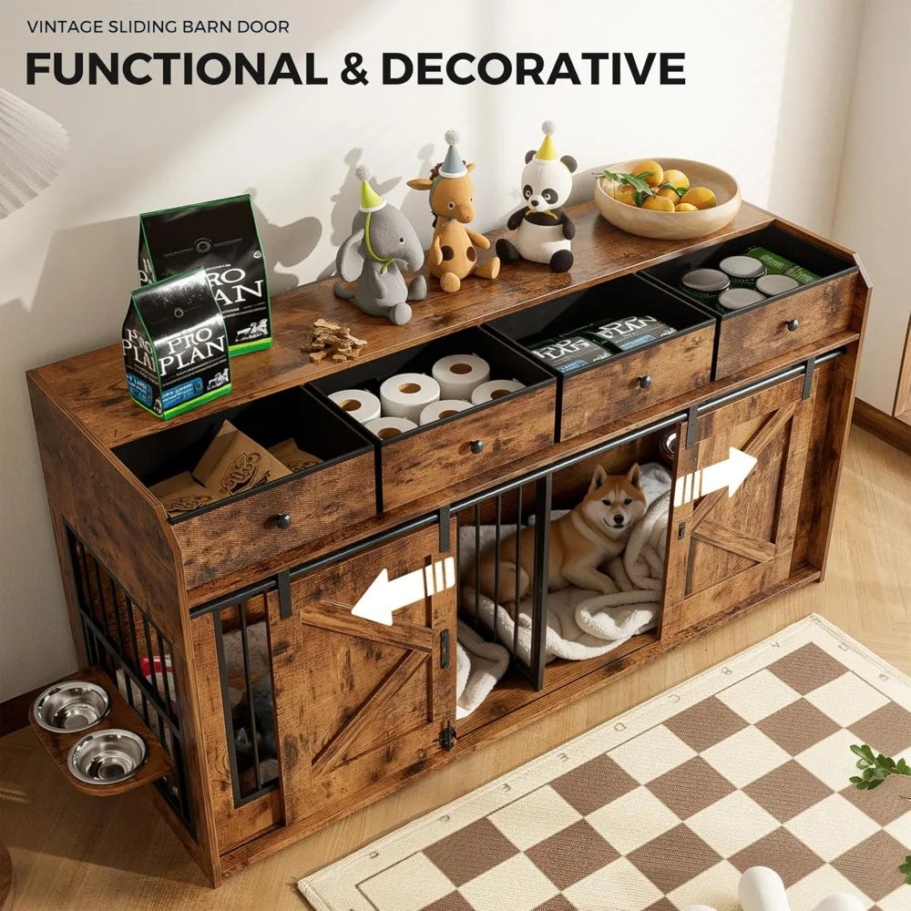 63" Double Dog Crate Furniture – Wooden Dog Kennel Indoor with Sliding Doors, Adjustable Bowls & Storage Drawers – Large Dog